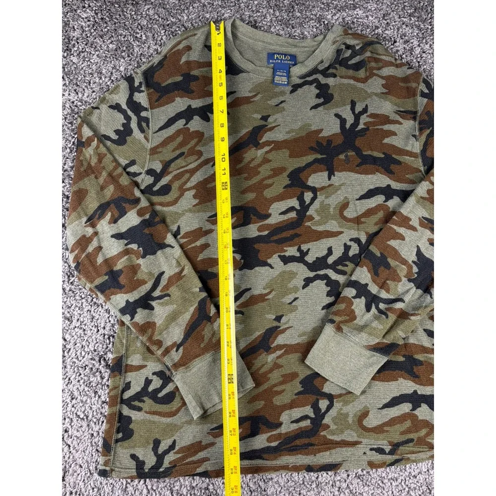 Polo Ralph Lauren Mens XL Camo Waffle Knit Thermal Long Sleeve Shirt Green Brown